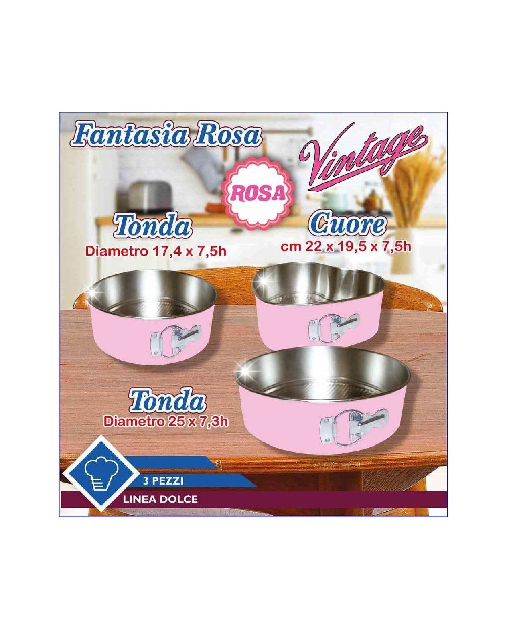 SET TORTIERE C/CERNIERA ROSA TONDE 18+25CM + 1 CUORE 22CM